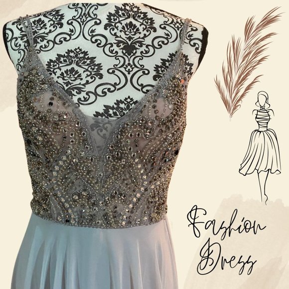 Grey Plunging V-neck Beaded Chiffon Evening Dress - Size 4 - Picture 2 of 5